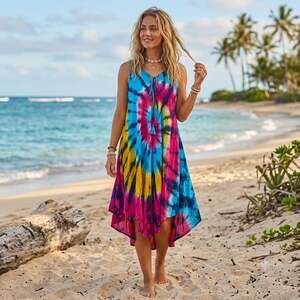 Shore Drive Sleeveless Tie-Dye Asymmetric Hem Sundress C116LM